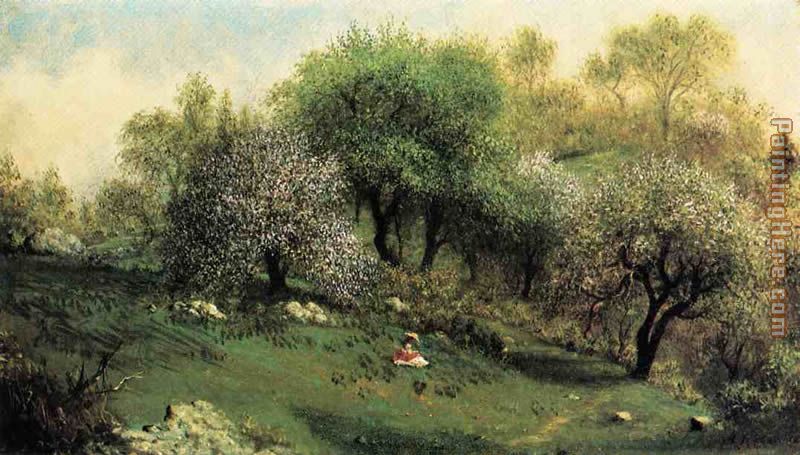 Girl on a Hillside, Apple Blossoms painting - Martin Johnson Heade Girl on a Hillside, Apple Blossoms art painting